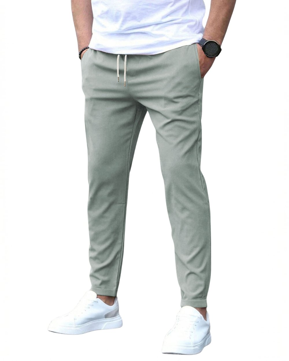 Detail of the soft, stretch fabric on men's comfortable drawstring casual chino pants.