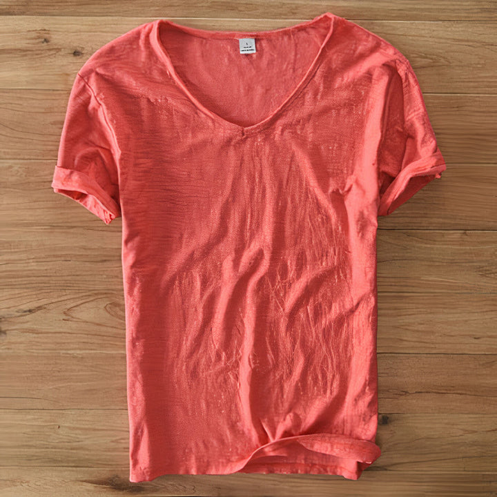 Casual men's V-neck tee. Soft, breathable fabric perfect for summer fashion & daily wear. Relaxed short sleeve top.