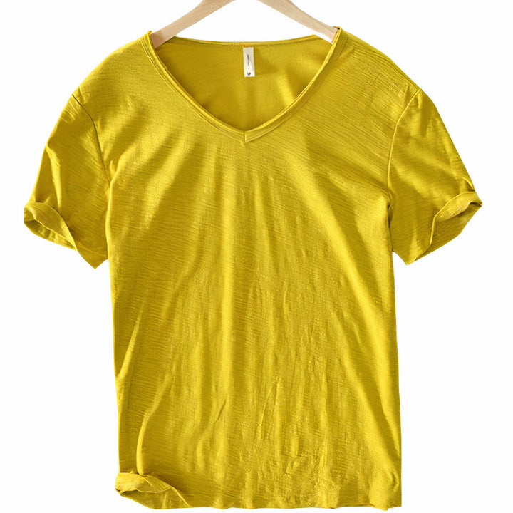 Versatile men's V-neck t-shirt for casual wear, summer holidays & daily comfort. Breathable short sleeve apparel.
