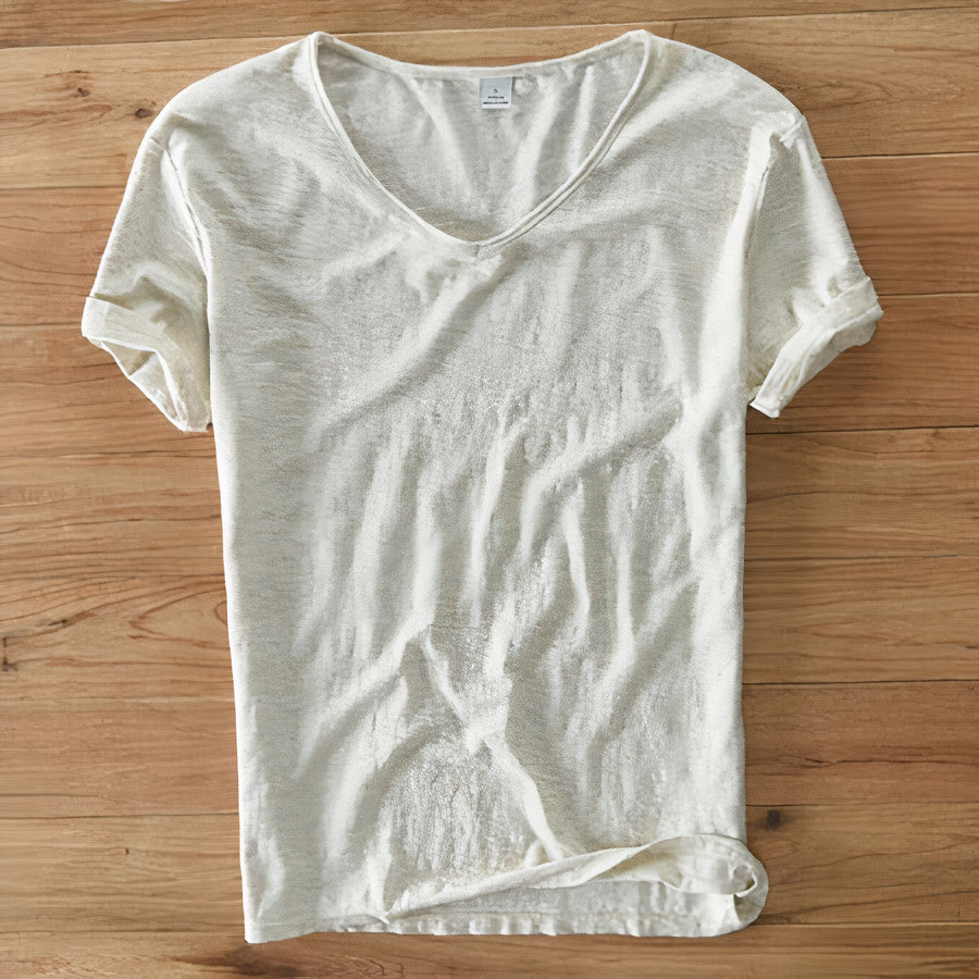 Relaxed fit men's V-neck t-shirt. Ideal casual wear for summer fashion, offering comfort & breathable short sleeves.