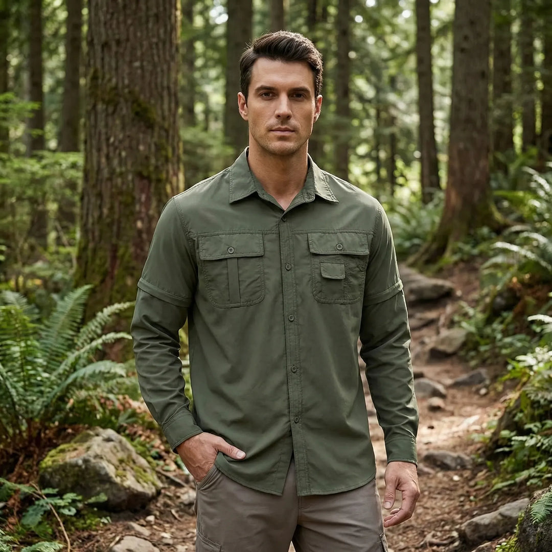 Men's convertible outdoor shirt with zip-off sleeves, perfect for hiking and travel.