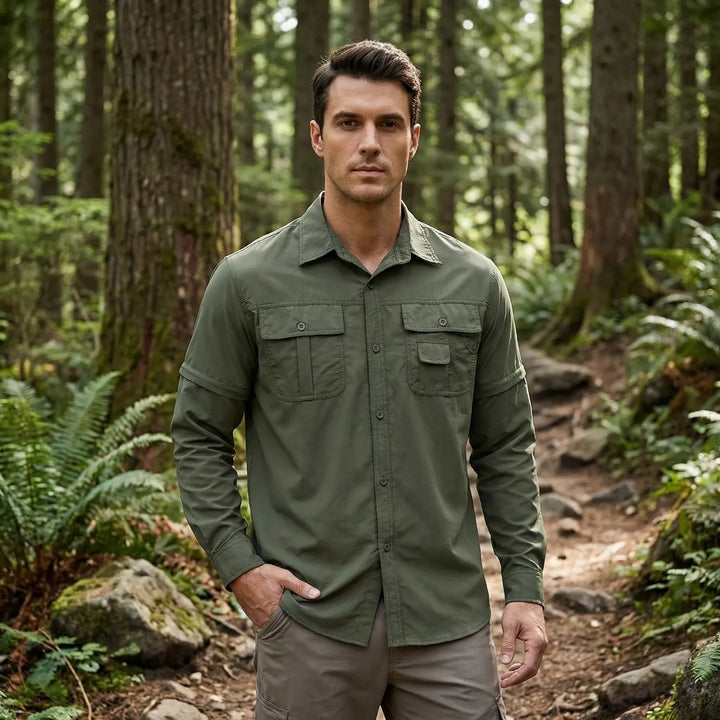 Men's convertible outdoor shirt with zip-off sleeves, perfect for hiking and travel.