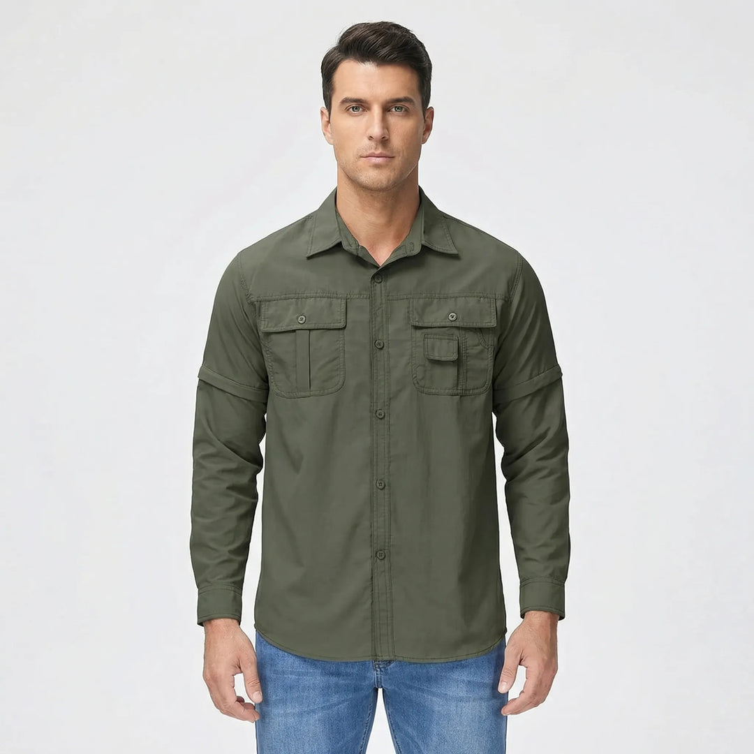 Versatile men's outdoor shirt with zip-off sleeves, quick-dry, sun protection for all weather.