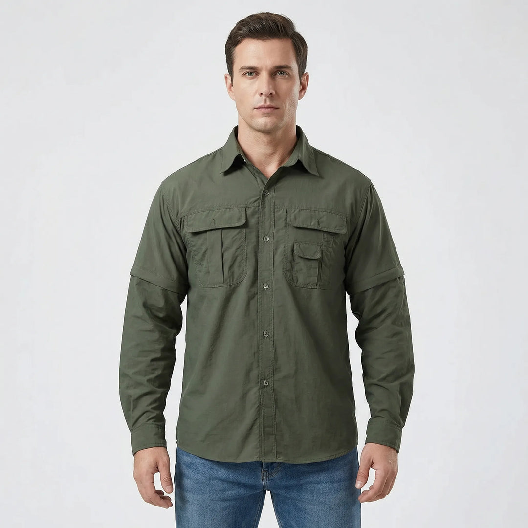 Men's fishing shirt, convertible with zip-off sleeves, offering sun protection and comfort.