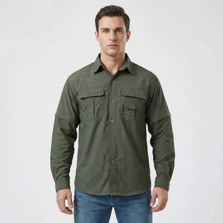 Men's fishing shirt, convertible with zip-off sleeves, offering sun protection and comfort.