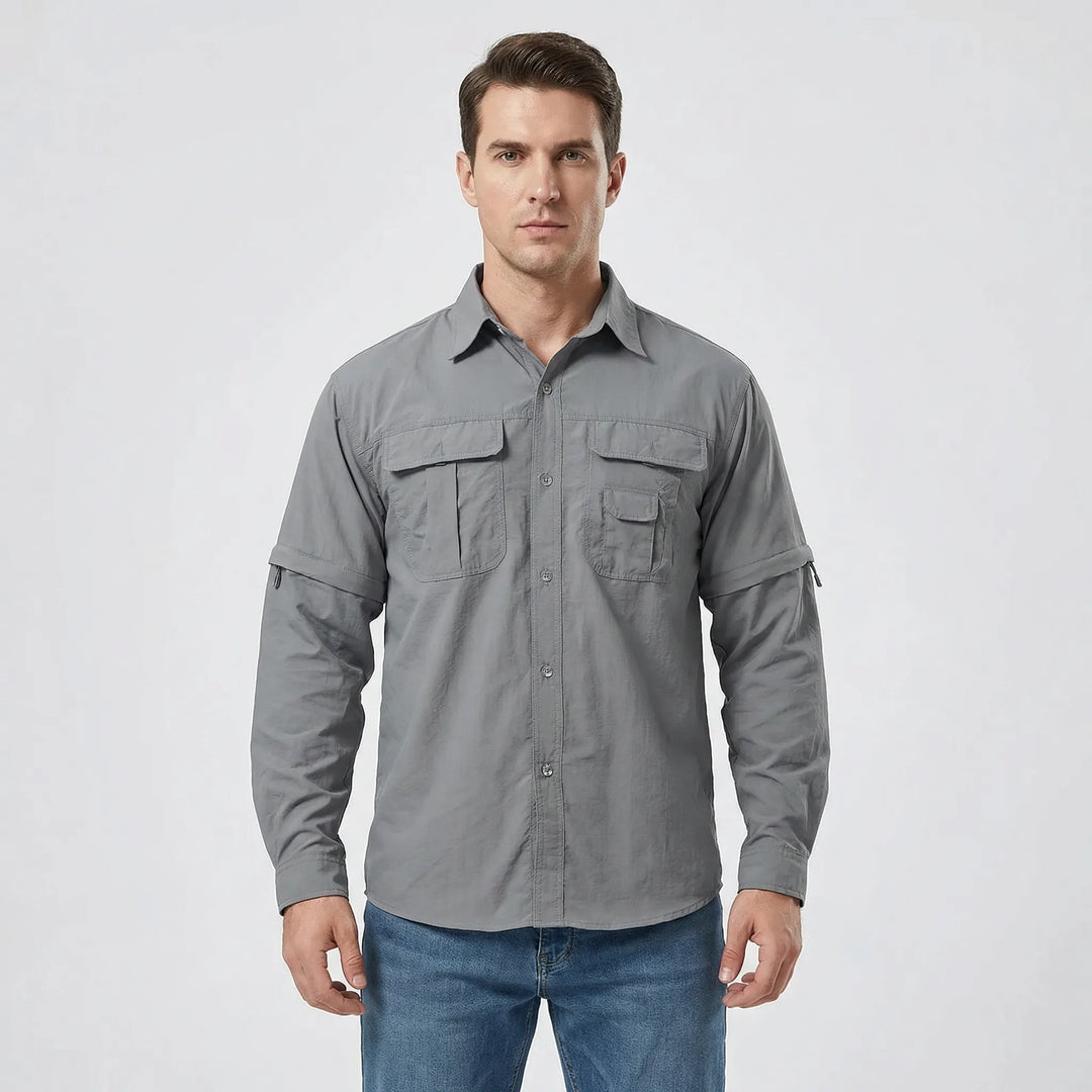 Men's adventure gear: zip-off sleeve outdoor shirt, quick-dry, sun protection, ideal for travel.