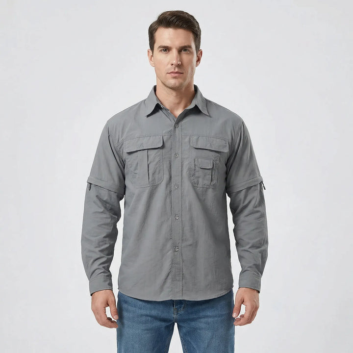 Men's adventure gear: zip-off sleeve outdoor shirt, quick-dry, sun protection, ideal for travel.