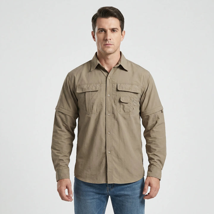 Men's long-sleeve hiking shirt converting to short-sleeve with zip-off design for versatility.