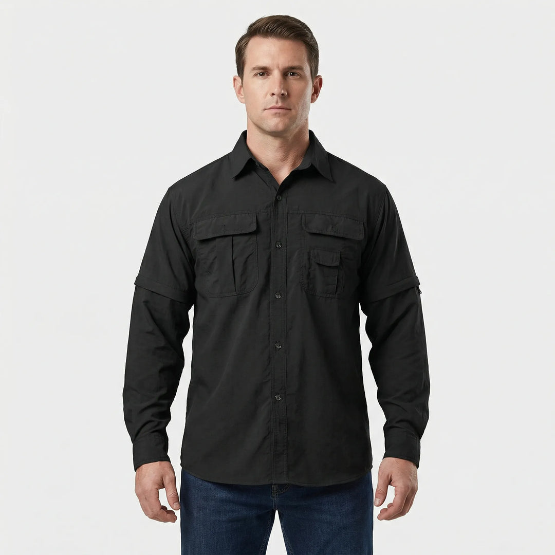 Durable men's travel shirt with zip-off sleeves, quick-dry fabric, and sun protection for adventures.