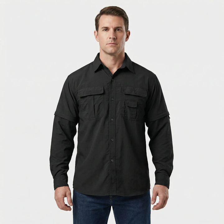 Durable men's travel shirt with zip-off sleeves, quick-dry fabric, and sun protection for adventures.