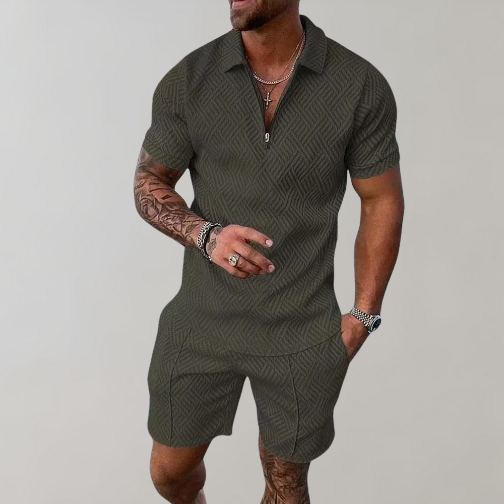 Men's coordinated summer outfit: zip collar polo shirt & textured shorts set. Perfect for beach or vacation style.
