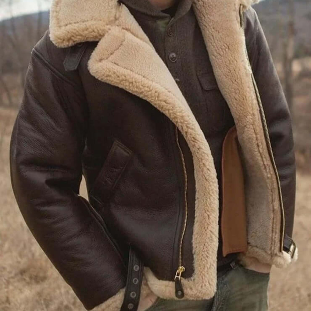 Men's cozy aviator jacket. Warm, stylish winter outerwear for cold weather, classic men's fashion.