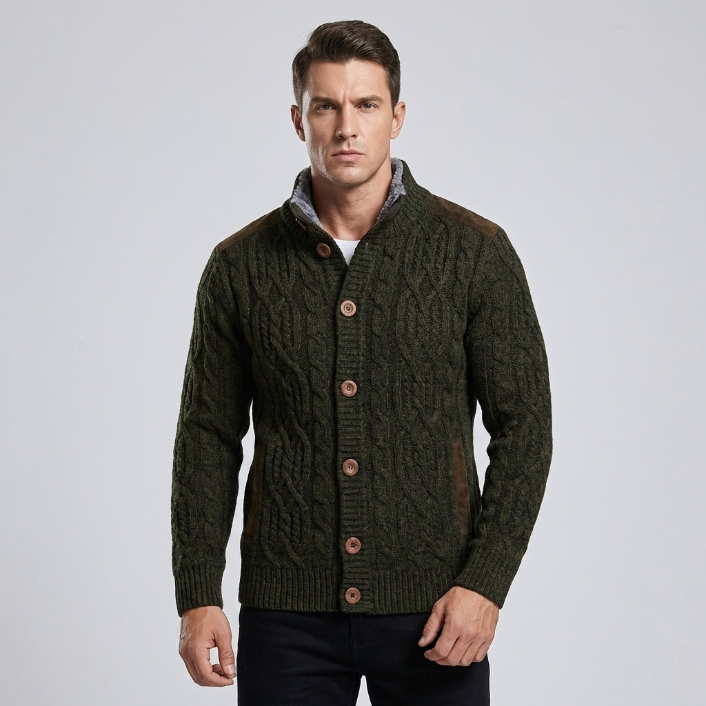 Men's cozy cable knit button-front cardigan. Warm winter sweater with long sleeves, perfect for casual fall fashion.