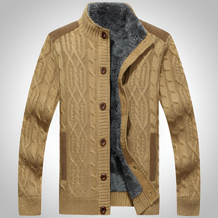 Close-up of a men's cable knit cardigan, showing detailed texture & buttons. Cozy, warm knitwear for fall & winter.