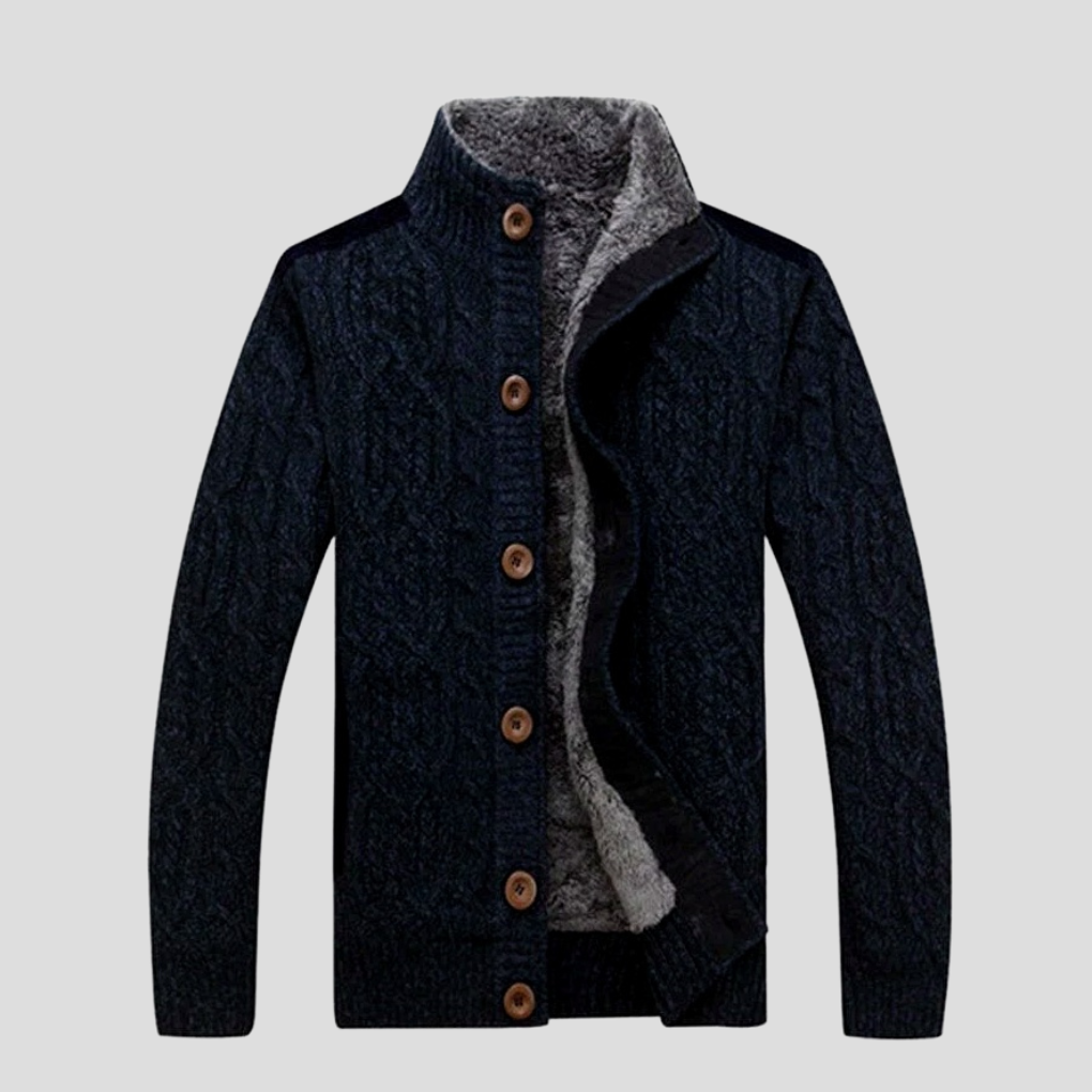 Stylish men's button-front cable knit cardigan. Ideal warm knitwear layer for casual wear and fall/winter fashion.
