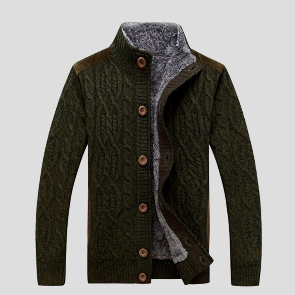 Comfortable men's button-up cable knit cardigan for ultimate winter warmth. Cozy and stylish layering piece.