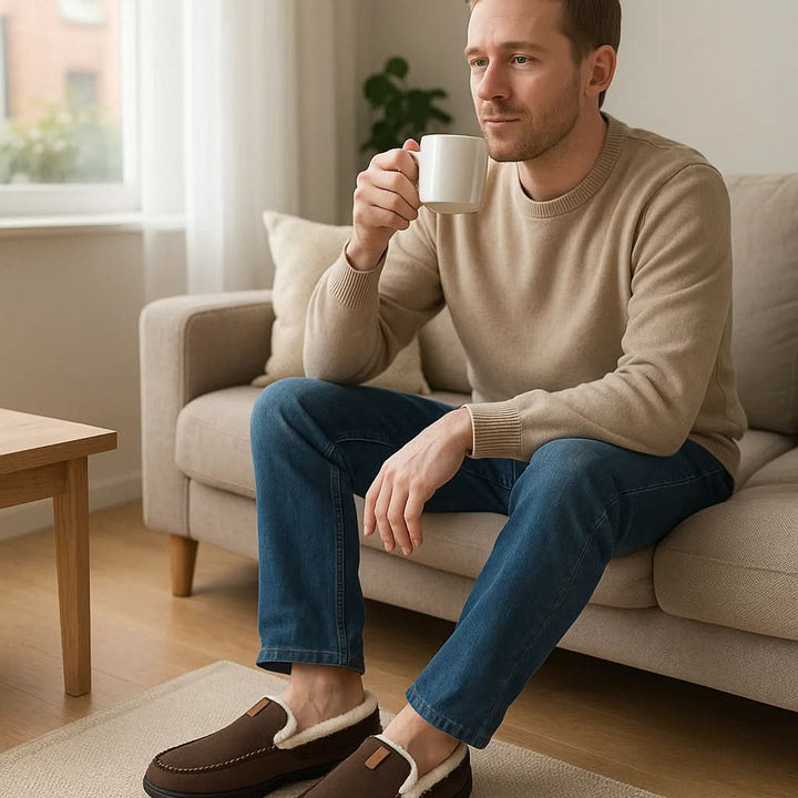 Warm loafer style men's slippers, perfect for fall and winter home wear.