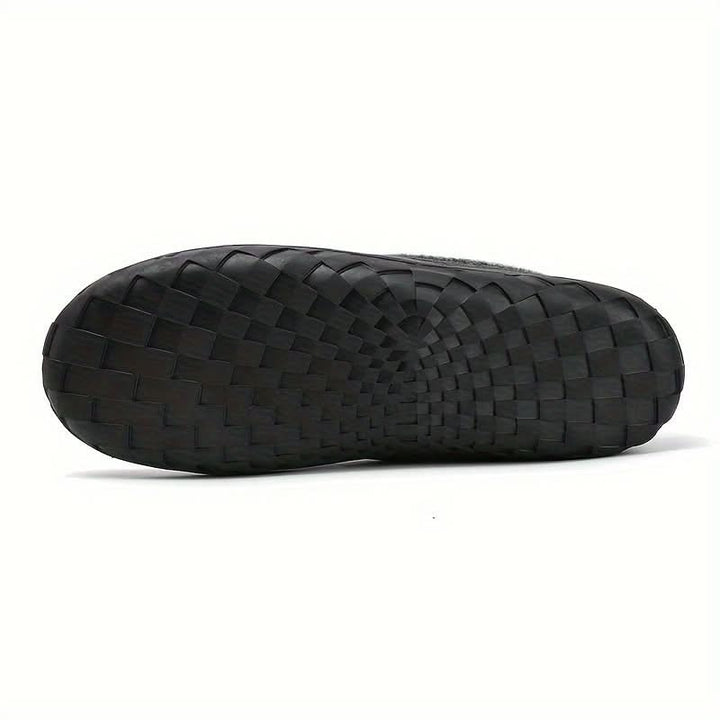 Stylish men's warm slip-on house shoes for cozy fall winter evenings.