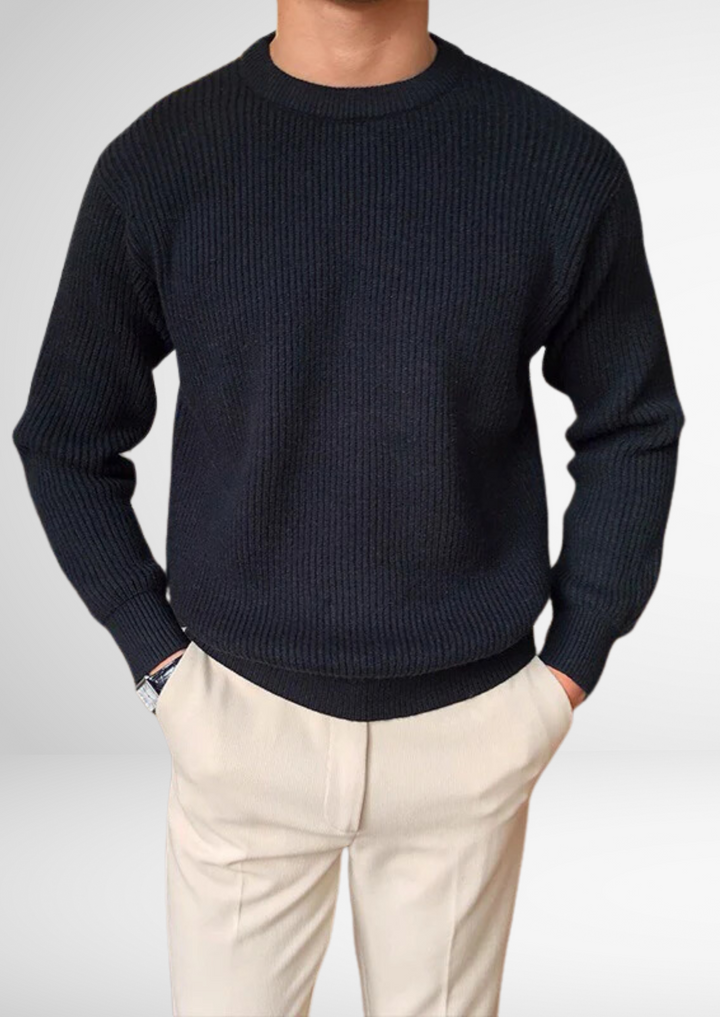 Men's crew neck knitted sweater. Versatile casual jumper for year-round style.