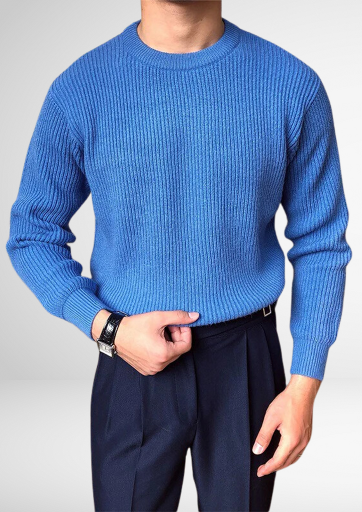 Stylish men's crew neck knitted jumper. Perfect for smart casual or everyday wear.