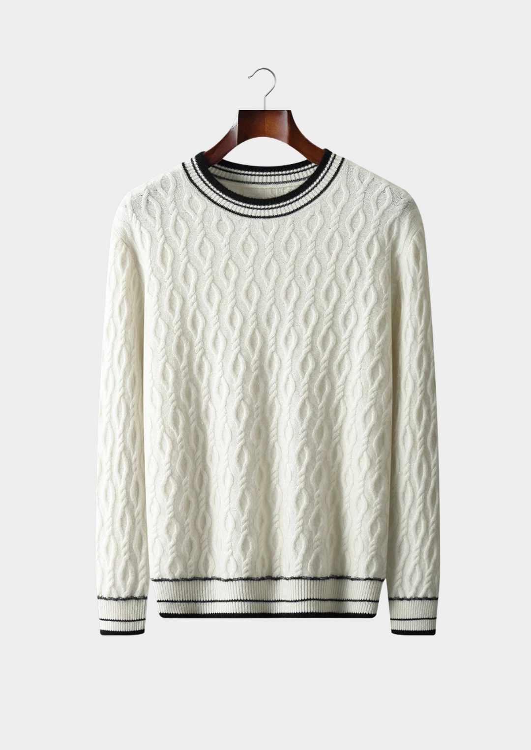 Men's crew neck sweater with striped trim and textured knit. Versatile casual style for all seasons.