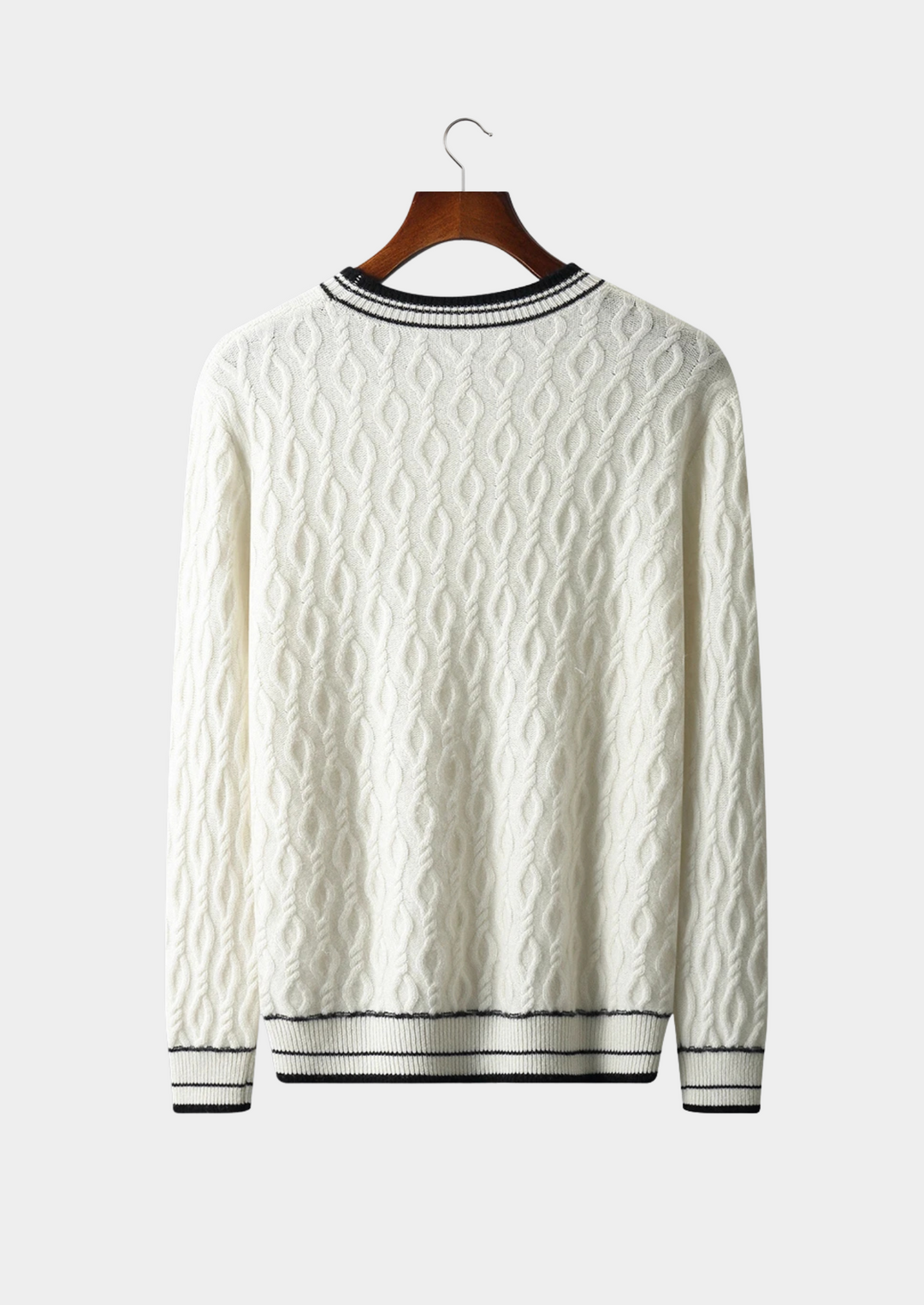 Stylish men's pullover sweater, crew neck with unique striped trim. Perfect for smart casual outfits.