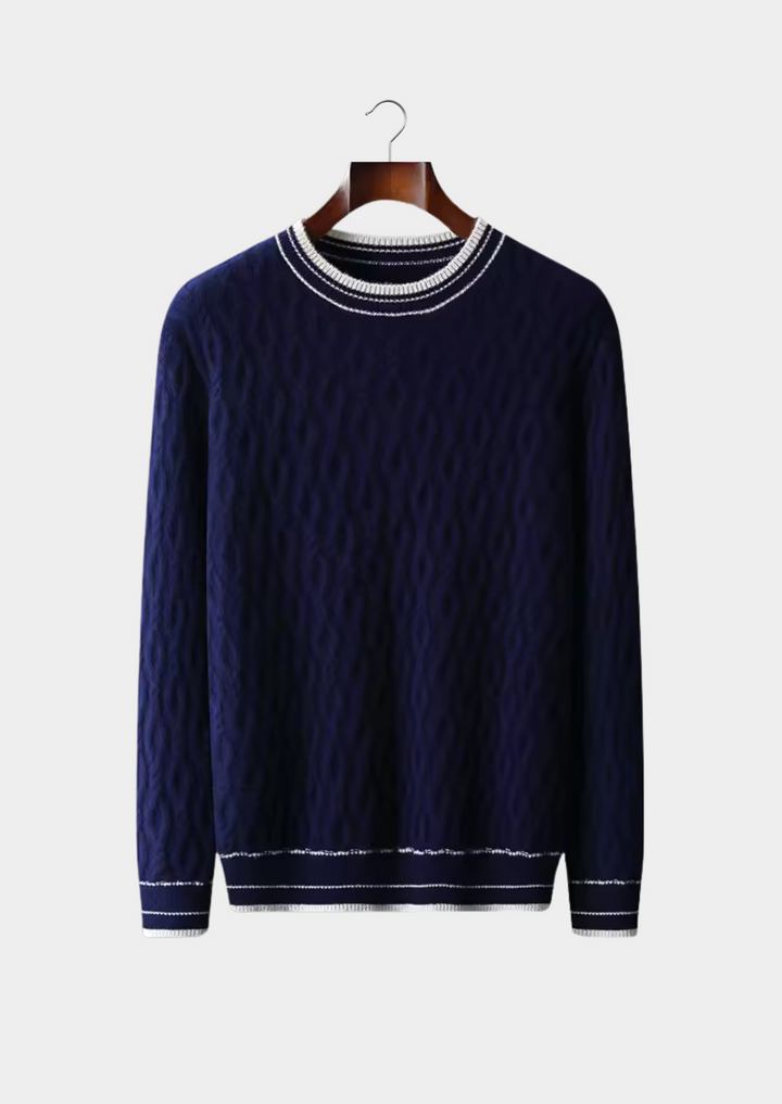 Versatile men's crew neck sweater with elegant striped trim and textured pattern. Ideal for smart casual wear.