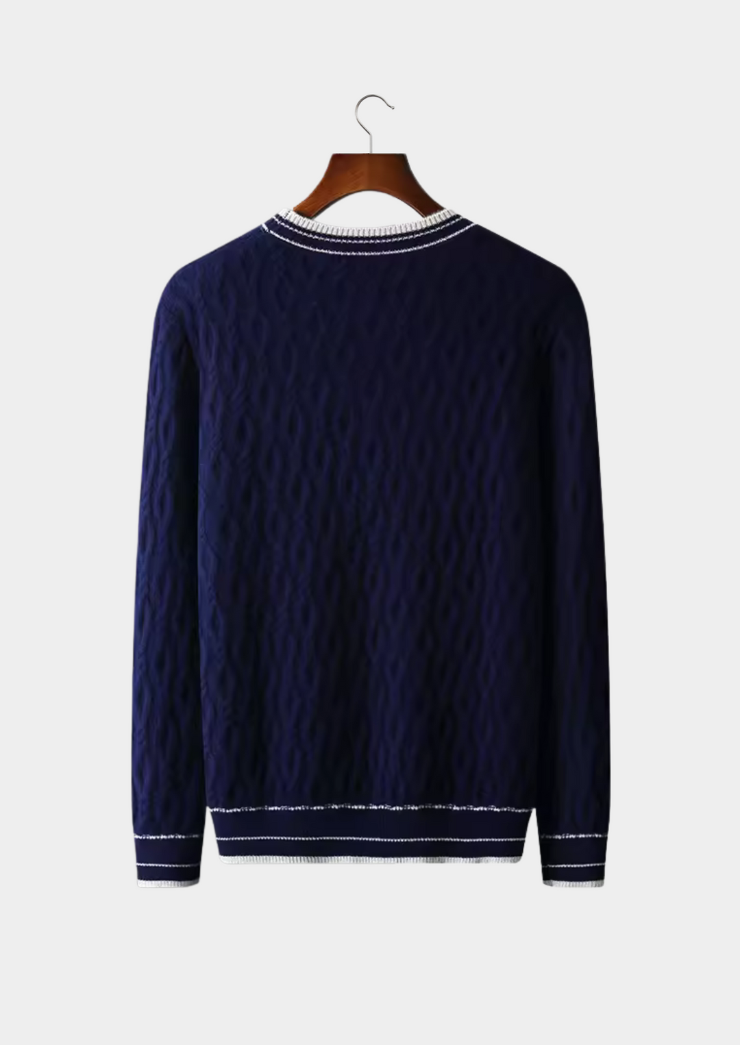 Comfortable men's crew neck pullover sweater, subtle striped trim. All-season, versatile men's fashion.