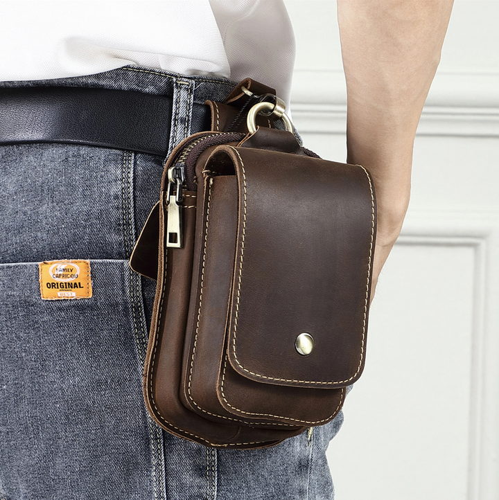 Men's dark brown everyday carry pouch with adjustable strap, perfect for phone, wallet, and essentials. Versatile utility bag.