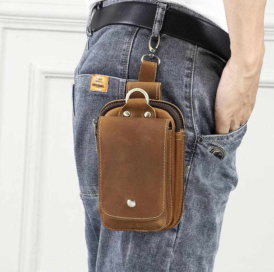 Stylish men's dark brown crossbody pouch; secure travel organizer for phone & wallet. Adjustable strap for daily use.