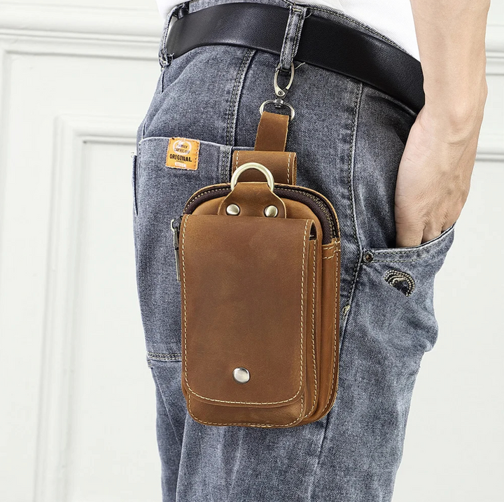 Stylish men's dark brown crossbody pouch; secure travel organizer for phone & wallet. Adjustable strap for daily use.