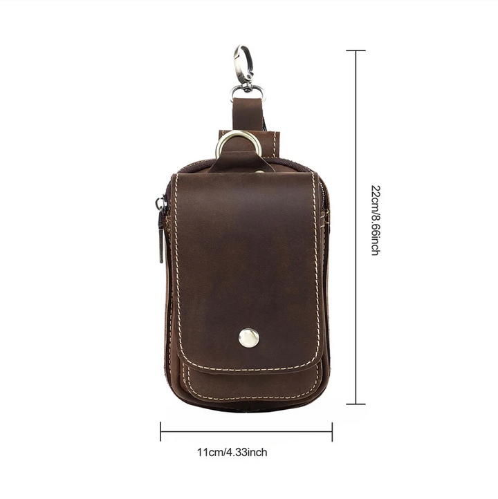 Close-up of men's dark brown utility pouch, showcasing texture & secure zipper. Perfect for phone, keys, and daily essentials.