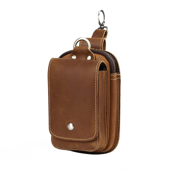 Back view of men's dark brown everyday carry pouch, highlighting adjustable strap. Secure bag for phone, wallet, accessories.