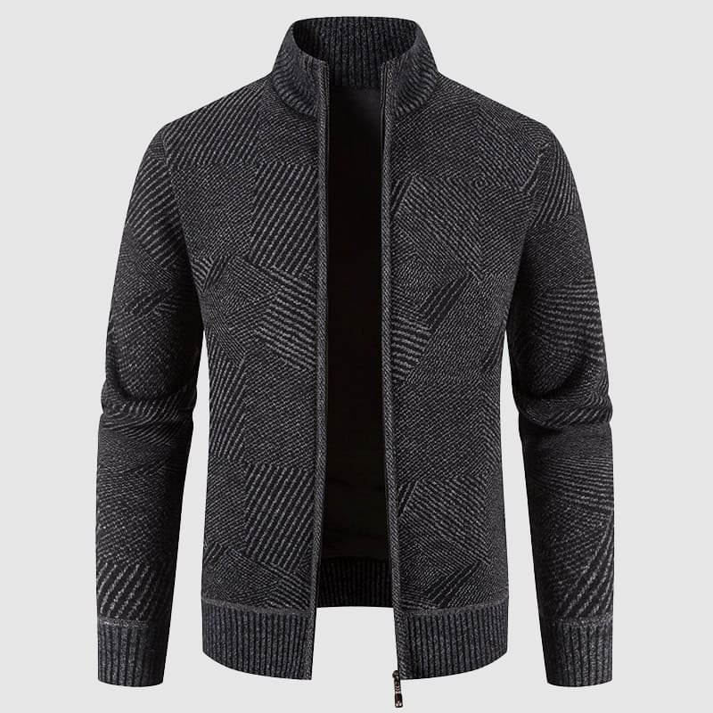 Men's dark gray geometric knit zip cardigan with mock neck, perfect for smart casual winter fashion.