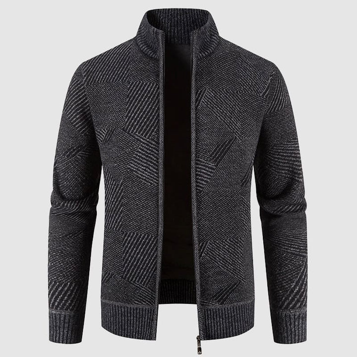 Men's dark gray geometric knit zip cardigan with mock neck, perfect for smart casual winter fashion.