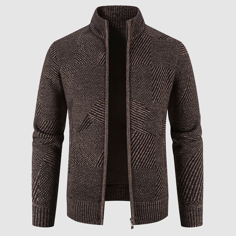 Brown men's geometric knit zip sweater, mock neck, styled for a layered smart casual winter look.