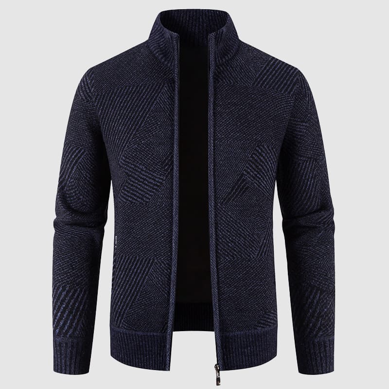Dark blue menswear geometric knit zip cardigan, mock neck style, offering a smart casual winter staple.