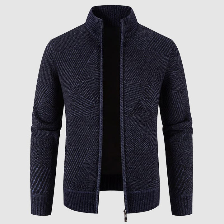Dark blue menswear geometric knit zip cardigan, mock neck style, offering a smart casual winter staple.