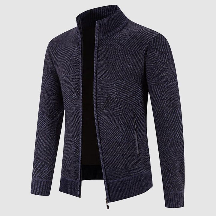 Close-up of geometric knit pattern on men's smart casual zip cardigan, mock neck, ideal for winter layering.