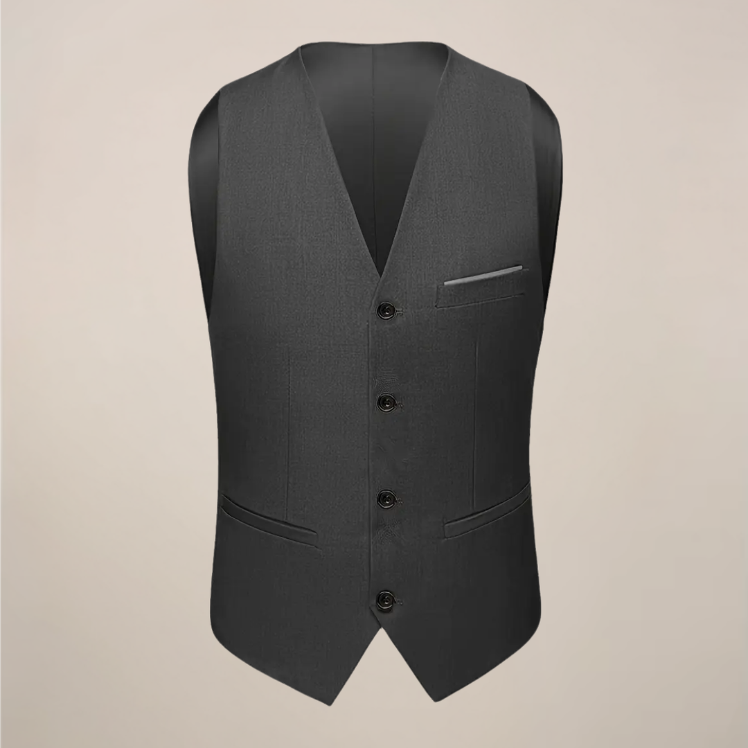 Professional men's dark grey three-piece suit, slim fit. A sophisticated choice for business meetings or wedding guest attire.