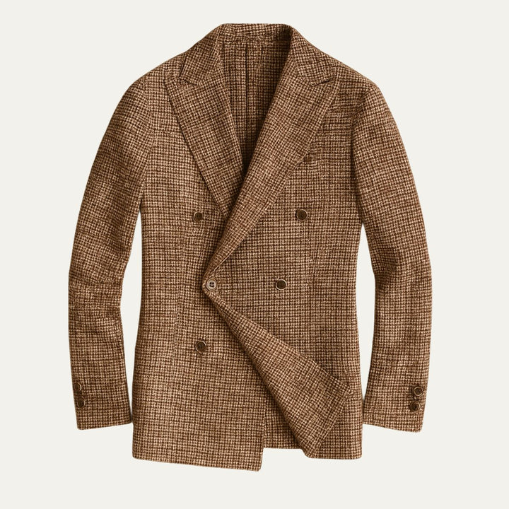 Men's double-breasted checked blazer, ideal for smart casual or business attire. A stylish tailored jacket.