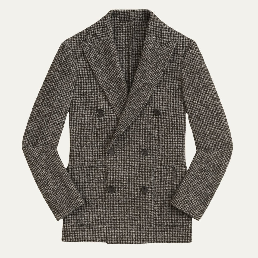 Stylish gray men's double-breasted checked blazer, perfect for a sophisticated look. Elegant formal wear.