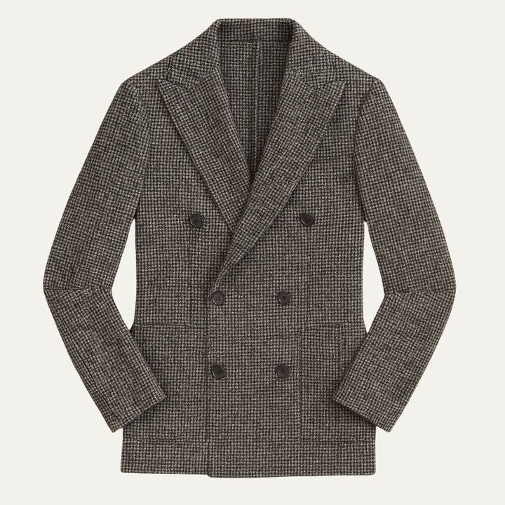 Stylish gray men's double-breasted checked blazer, perfect for a sophisticated look. Elegant formal wear.