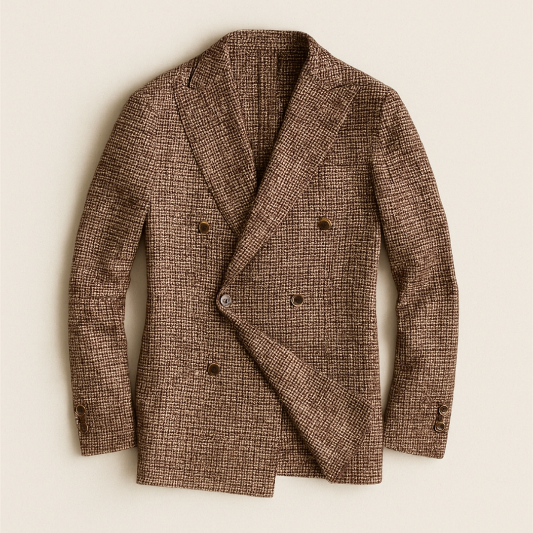Tailored men's double-breasted checked blazer, an elegant choice for formal wear. Business attire for men.