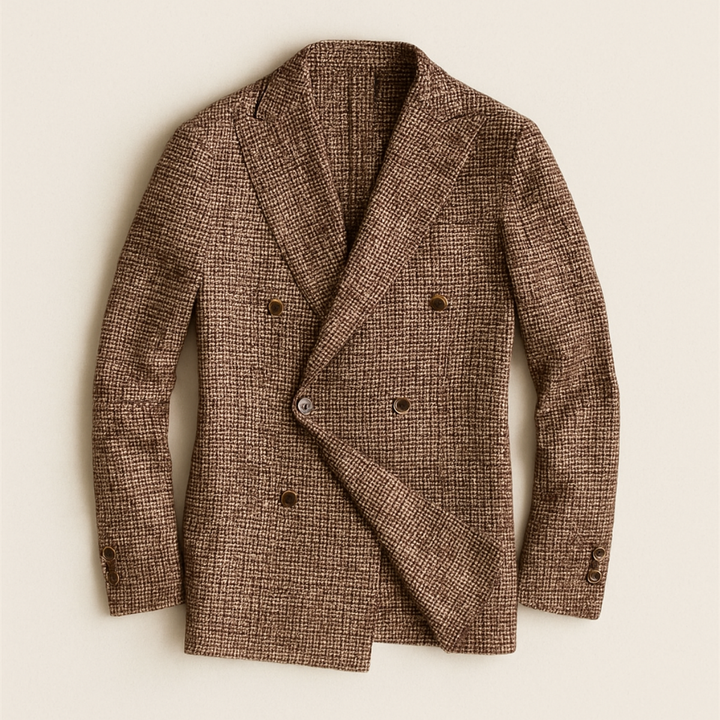 Tailored men's double-breasted checked blazer, an elegant choice for formal wear. Business attire for men.