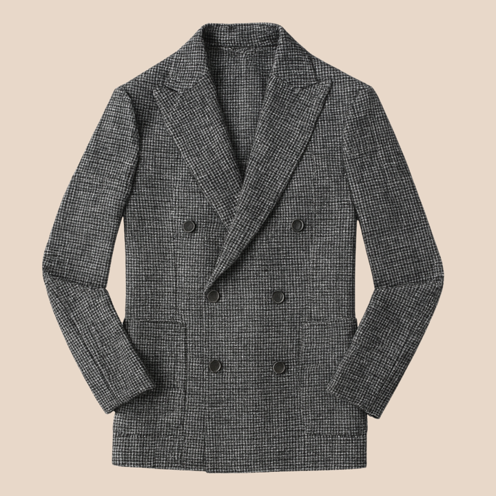 Smart casual men's checked blazer, double-breasted design for a modern, stylish look. Sophisticated men's fashion.