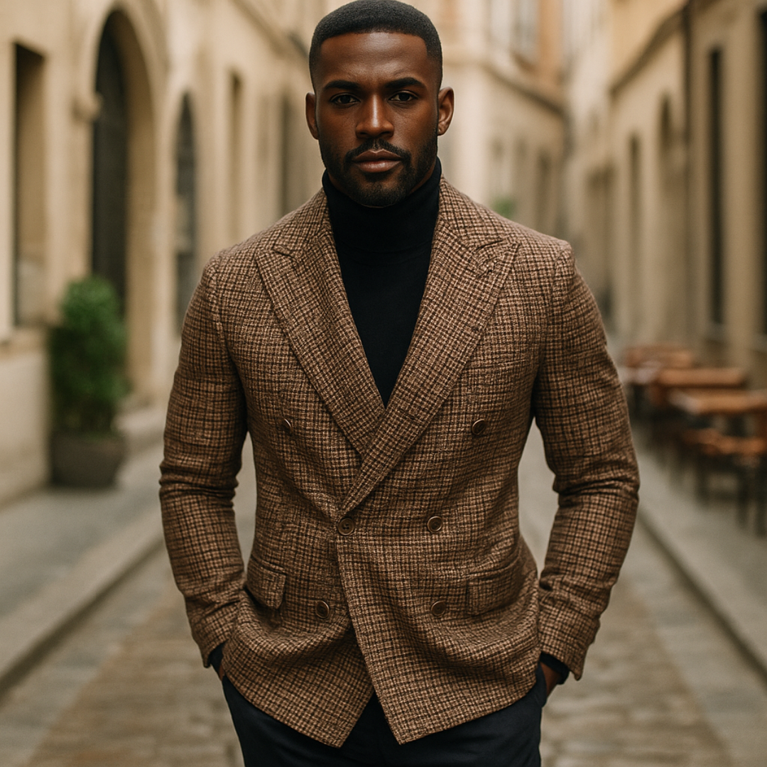 Versatile men's double-breasted checked blazer, suitable for business or elegant evening wear. Men's tailored jacket.