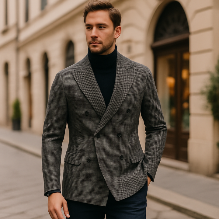 Sophisticated brown men's double-breasted checked blazer, a tailored jacket for a sharp, stylish men's fashion.