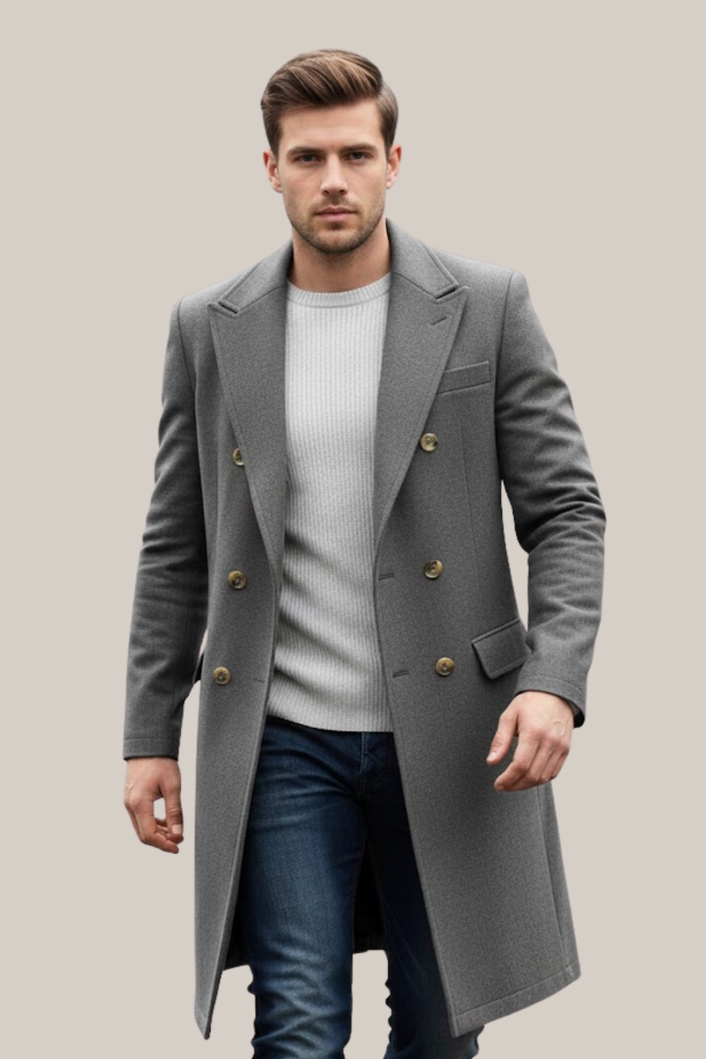 Men's double-breasted long trench coat with stylish lapel, perfect for formal occasions.
