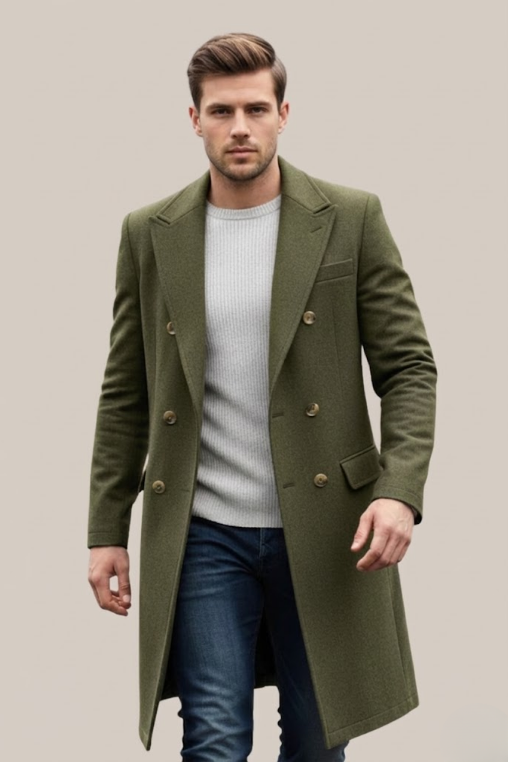 Elegant men's double-breasted overcoat for smart casual & formal events. Long design, sophisticated style.